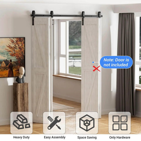 Bi Folding Sliding Barn Door Hardware Kit For Four Doors, 48 Inch Black Track With J Shape Rollers installed view