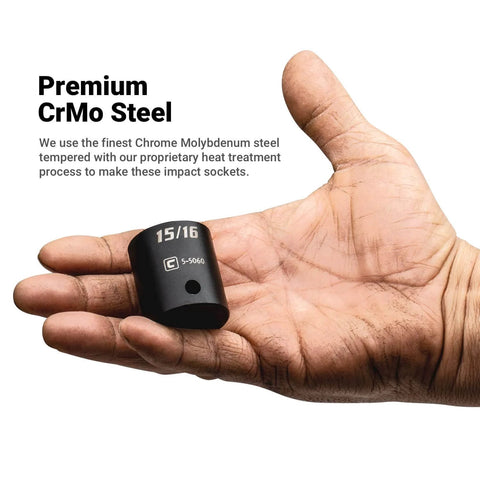 Hand holding a Beefy Fifteen Sixteenths Inch Shallow Impact Socket Set One Half Inch Drive Six Point SAE Pack Of Two Heavy Duty.