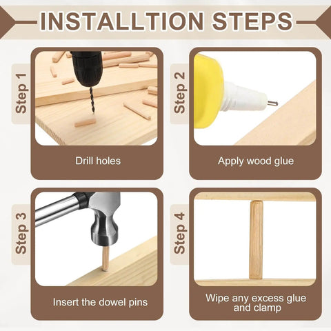 Installation steps for using Wooden Dowel Pins Three Sixteenths Inch By Thirteen Sixteenths Inch Straight Fluted Dowels.