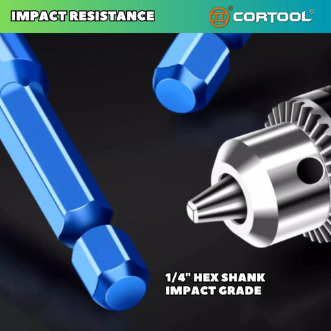 Close-up of CORTOOL 1/4 inch hex shank impact grade drill bits showing impact resistance feature.