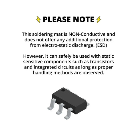 Image showing a note about ESD warning and a small black transistor component for the Removable Heat Resistant Silicone Soldering Mat With Magnetic Parts Tray, Hardware Grid And Electronic Project Organizers For DIY Electronics, Repair Tool Holders And Tidy Workstation.