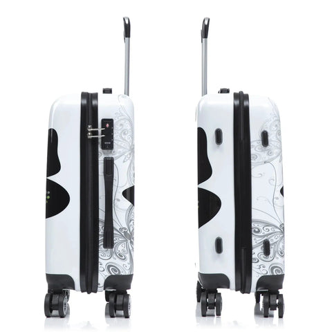Butterfly Print Spinner Luggage with Lightweight Hardside ABS PC Exterior and Scratch Resistant Finish, side view with trolley handle.