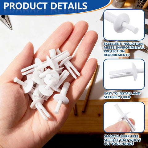 Person holding Nylon Nail Drive Anchors 50 Pack White Truss Nail Drive Anchors Three Quarters By One Quarter Inch for various uses.