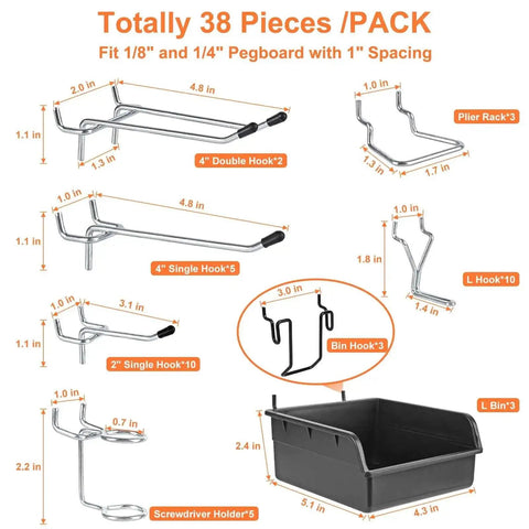 Diagram of Pegboard Hooks And Accessories Kit For 1/8 Inch And 1/4 Inch Pegboards, 38 Piece Set with labeled dimensions.