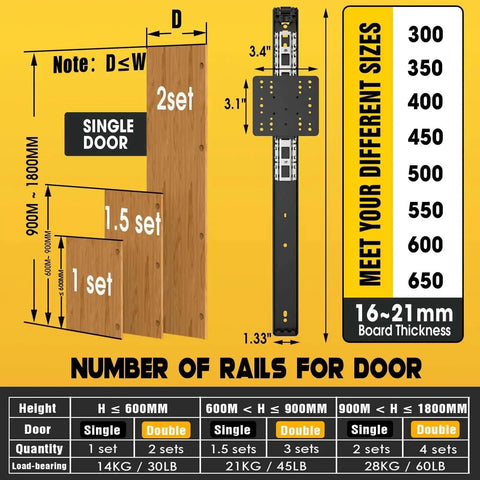 Heavy Duty Pocket Door Hardware Kit with DIY Friendly Hidden Sliding System showing rail options and measurements for installation.