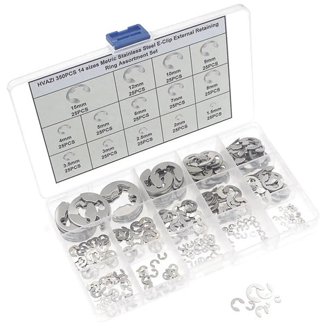 Stainless Steel External Retaining Ring E Clip Assortment Kit, 14 Sizes, 350 Pieces, Metric Circlips Set in plastic case