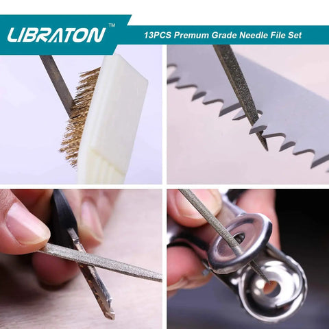 Close-up of Small Diamond Needle File Set 13Pcs For Metal Wood Carving With Brush And Case in use on various surfaces.