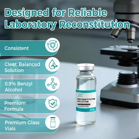 Reconstitution solution glass vial, 30ml, turquoise label, laboratory use