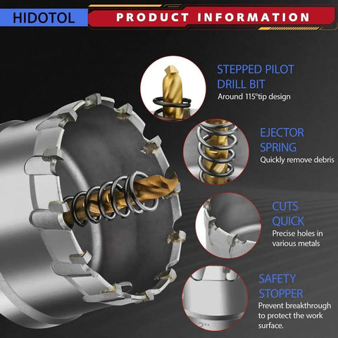 Close-up of ejector spring and stepped pilot drill bit features on 20 Piece TCT Carbide Hole Saw Kit 1/2 Inch To 2-1/8 Inch Tungsten Carbide Drill Bits Set With Titanium Pilot And L-Wrench In Aluminum Case For Hard Metals Stainless Steel Iron Aluminum