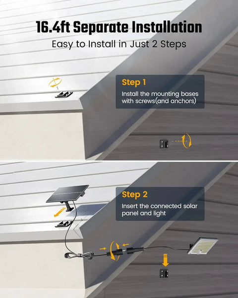Installation steps for Mini Solar Flood Lights Outdoor With Motion Sensor 170 LED Dusk To Dawn 16.5 Ft Cable 3 Modes IP65 Waterproof.