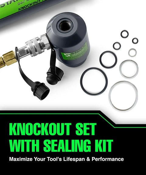 Hydraulic Knockout Punch Set 1/2 To 4 Inch with sealing kit, shown with various o-rings for maintenance and performance.