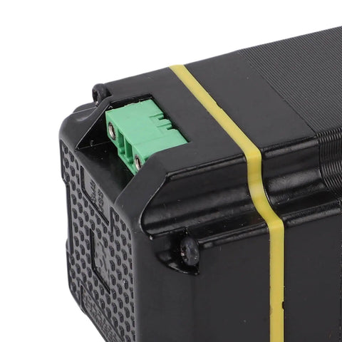 Close-up of a high performance stepper motor with encoder for CNC control and closed loop servo motion controller, showing durable ABS and aluminum construction with a two-terminal connection for wire stripping machines. Delivers smooth 1.2Nm torque.