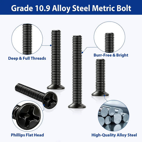 Grade 10.9 alloy steel metric bolts with deep threads and Phillips flat head for high-quality applications.