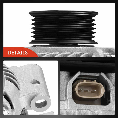Close-up of 110A 12V High Output Alternator for Mazda 5 2012 2015 and CX7 2007 2012 with 6 Groove Pulley Clockwise Rotation