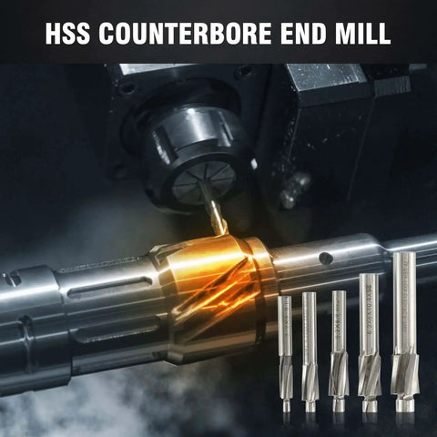 Versatile 5 Piece Counterbore Set for Milling Copper Aluminum Steel Cast Iron, M3 M4 M5 M6 M8, displayed with end mills on a machine