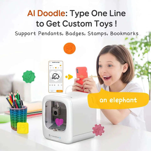 Child using AI Powered 3D Printer For Kids With 8 PLA Filament Set And AI Design App Huge Toy Library Fast Print Speeds Up To 400mm