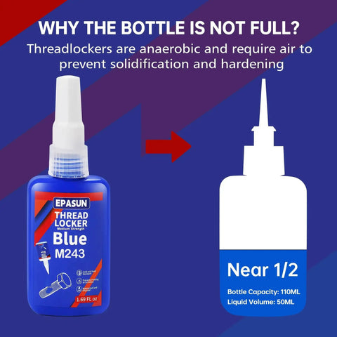 Blue Thread Locker M243 Medium Strength For Nuts Bolts And Fasteners 50 Ml Bottle with diagram showing bottle fill level
