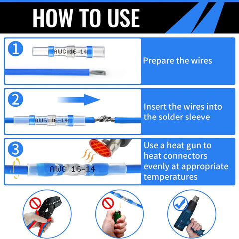 Sopoby 250Pcs solder seal wire connectors kit with blue insulated sleeves AWG16-14 for automotive and marine use