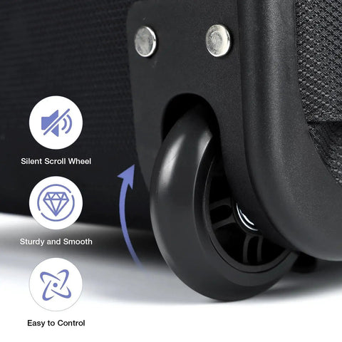 Close-up of silent scroll wheel on Go To Rolling Backpack Carry On With Wheels For Adults, 18 Inch Laptop Ready, Waterproof 50L Travel Bag