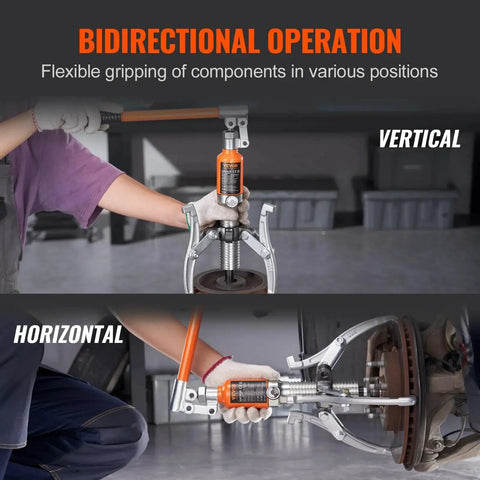 15 Ton Hydraulic Gear Puller With 12in Jaws For Bearing Removal Case Included shown in vertical and horizontal use