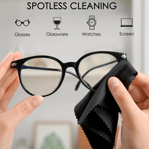 Person cleaning glasses with 120 Pack Two Color Microfiber Cloths 7x6 Inch For Glasses Screens Cameras Phones