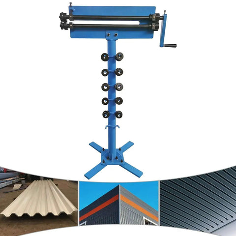 Pro Grade Manual Bead Roller With Six Dies Set For Sheet Metal Fabrication shown with blue frame and dies for metalwork.