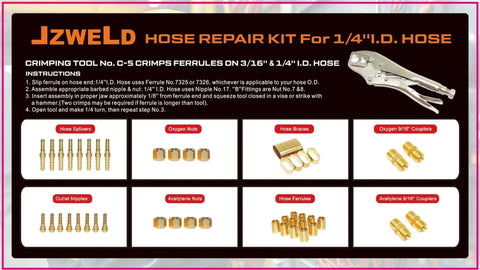 Oxygen and Acetylene Torch Hose Repair Kit 1/4 Inch ID Crimper B Size Fittings, showing brass components and crimping tool.