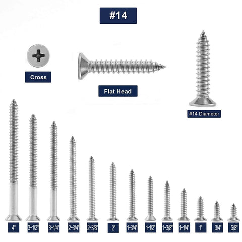 Size 14 Wood Screws Two And Three Quarter Inch 100 Count Stainless Steel 304 Self Tapping Flat Head Phillips