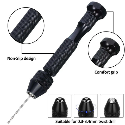 57 Piece Micro Hand Drill Bits Set With Pin Vise For DIY Jewelry Resin Crafts And Tiny Hole Projects Includes 46 Micro Twist Drill Bits And 10 PCB Mini Bits Aluminum Alloy Pin Vise Hand Drill Kit Pro Grade showing black aluminum pin vise with drill bits and comfort grip.