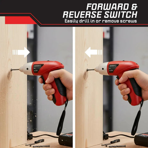 Hand holding 25-Piece Cordless Screwdriver Set With LED Work Light, Automatic Spindle Lock, demonstrating forward and reverse on wood.