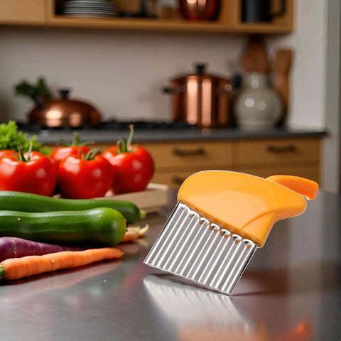 Orange Crinkle Cutter Slicer For Potatoes Carrots And Veggies, Stainless Steel Wavy Cutter, on a kitchen counter