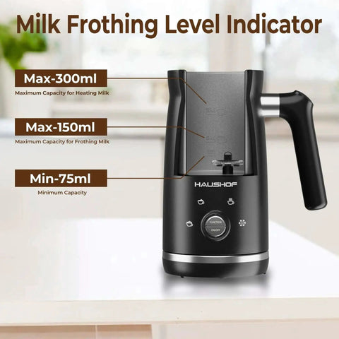 Front view of 4 In 1 Electric Milk Frother And Steamer with capacity indicators for heating and frothing milk.
