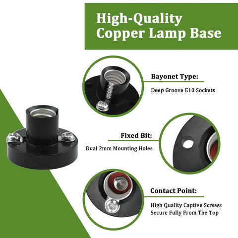 E10 mini bulb holder with deep groove sockets, copper base, mounting holes, part of "10 Pack E10 Screw Mini Warm Light Bulbs And 10 E10 Mini Bulb Holders For DIY Projects, Student Experiments, Desk Lighting, Electronics Kits, Replacement Bulbs"