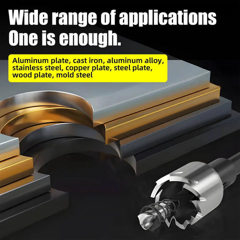 Pro Grade High Speed Steel Hole Saw Drill Bit Set Five Piece From Five Eighths Of An Inch To One Inch Built Tough For Stainless Steel Aluminum Plastic And Wood cutting through various materials