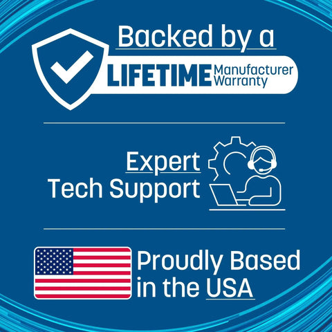 Graphic featuring lifetime warranty, expert tech support, and USA flag for Slim Cat6 Ethernet Patch Cables 3 Ft, 10-Pack.
