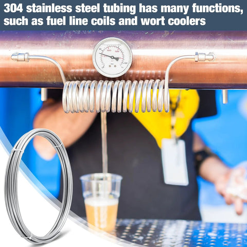 MorningRo 3/8 in 304 stainless steel tubing coil, 50 ft, coiled around copper pipe with a gauge