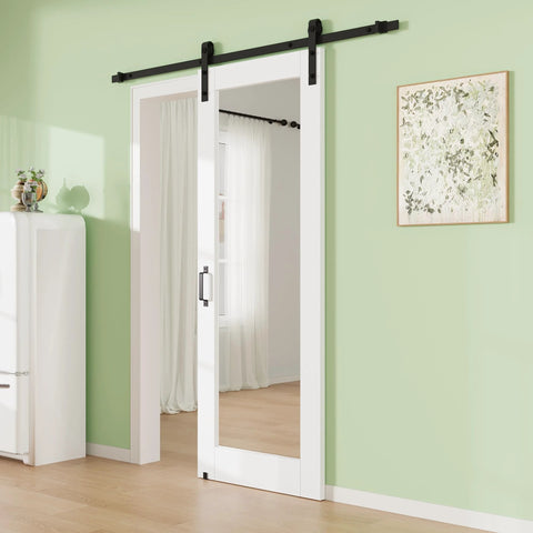 28 Inch By 80 Inch Mirror Barn Door With 72 Inch Track Kit Built To Last Solid Core MDF Sliding Door For Closet And Kitchen Paintable White Panel With Sound And Thermal Insulation Easy To Clean installed in a green room