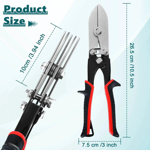5 Blade Hand Crimper For Sheet Metal, 10.5 Inch HVAC Duct Tool shown with dimensions and ergonomic black handle