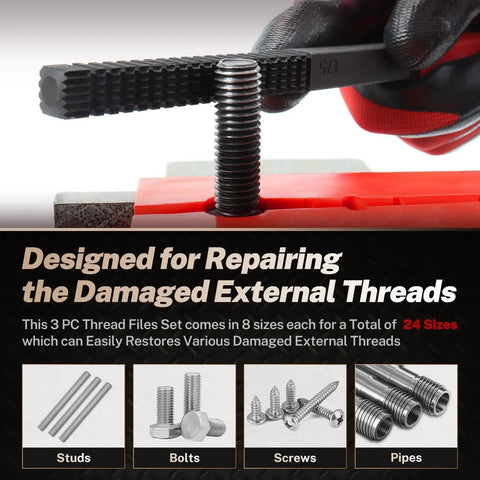 3 Piece Thread File Set for SAE and Metric External Threads Repair shown with various thread repair tools and applications.