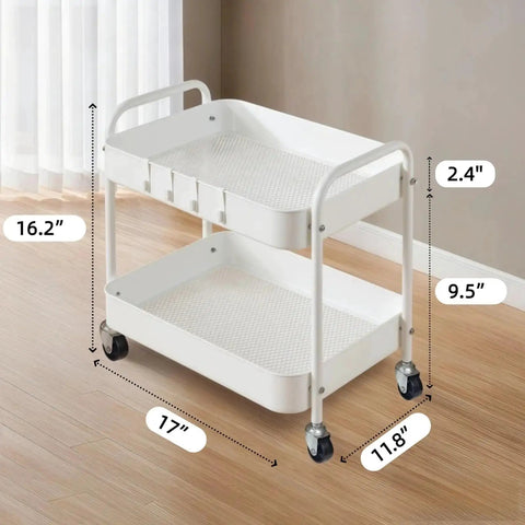 Two Tier Under Desk Storage Cart On Wheels With Built In Handle And Four Side Hooks, metal trolley with dimensions in home setting