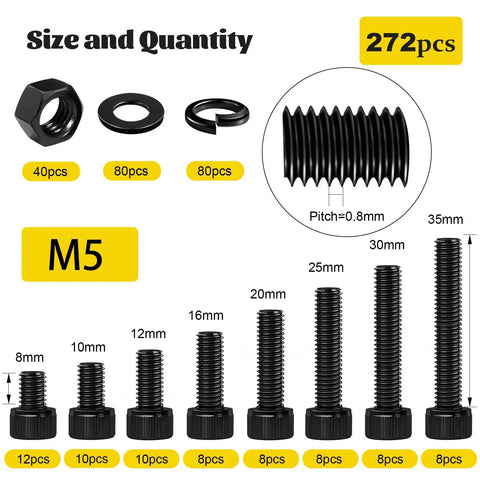 All In One 272 Piece M5 Screws Nuts Washers Kit With Hex Socket Head Bolts M5x8 To M5x35 in alloy steel black zinc plated