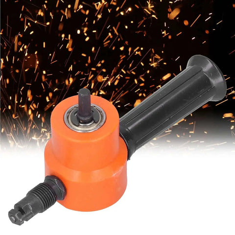 Double Head Sheet Metal Nibbler for Drills, 360 Degree Adjustable Cutter for metalworking, shown with handle and cutting attachment