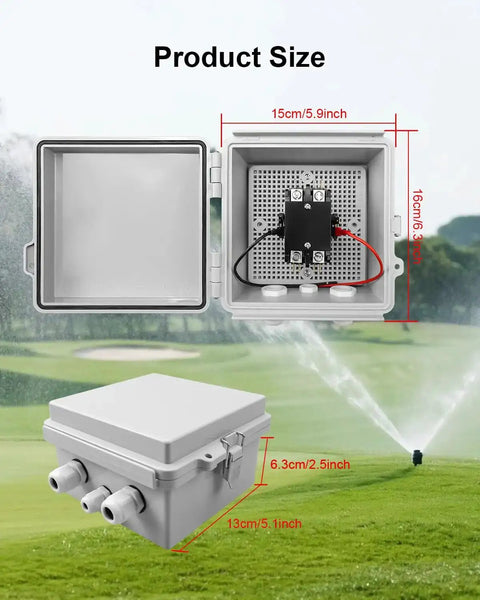 40 Amp 24V Irrigation Pump Start Relay For Sprinkler Controller System With Waterproof Box open showing interior dimensions and wiring