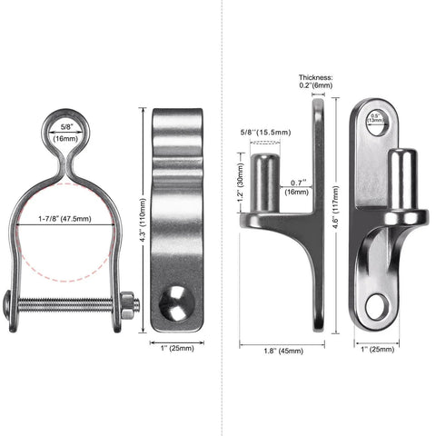 2 Pack Wall Mount Gate Hinges For Chain Link Fences One And Seven Eighths Inch Hinges With Five Eighths Inch Pins Durable Weather Resistant 304 Stainless Steel Pipe Wall Plate Gate Hardware For Farm And Yard Applications dimensions diagram