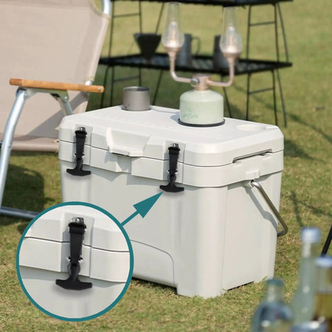4.6 Rubber Flexible T Handle Draw Latches With Brackets For Toolbox Golf Cart installed on a cooler showing outdoor use