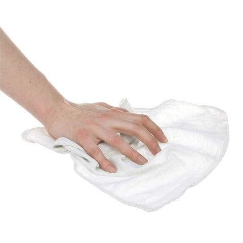 Hand using Industrial Strength Shop Towels Bag Of 25 12 By 13 Inch Heavy Duty Reusable Cleaning Towels for grime and grease cleanup
