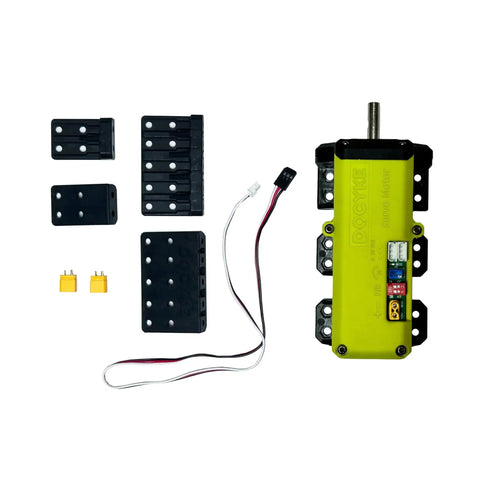 Front view of DOCYKE 550kg high-torque RC servo and motor kit with yellow servo and mounting plates