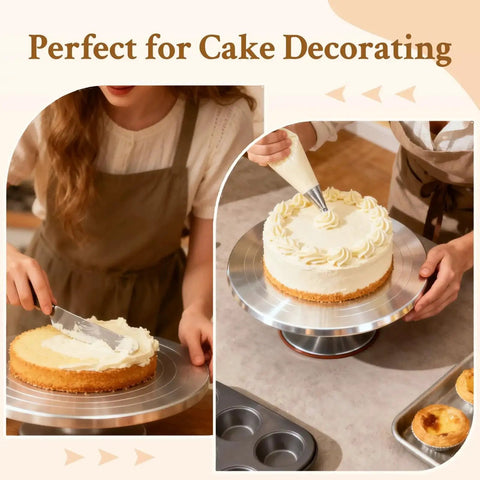 Pro Pottery Wheel For Ceramics By Yncotte being used for cake decorating, showcasing the double-sided aluminum alloy turntable.