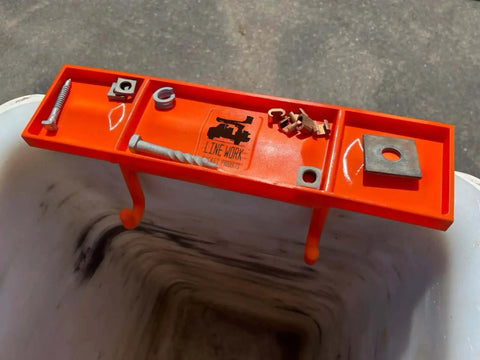 Glove Friendly Utility Rack Tray With Raised Center For Small Parts Heavy Duty Polymer Bucket Organizer For Lineman Buckets Easy One Hand Grabbing Of Nuts Bolts And Connectors On Elevated Jobs in orange
