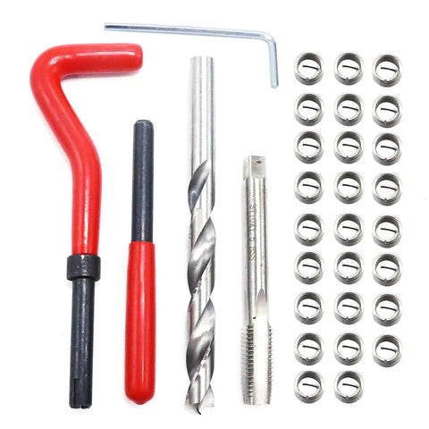 30 Piece Stainless Steel Thread Repair Kit M10 X 1.5 Includes Wire Inserts And Twist Drill Bits Wrench Thread Taps And Breaking Pin Tool For Auto Repair On Cars And Trucks.